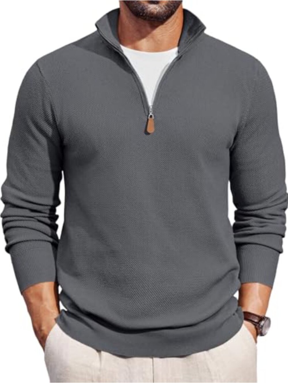 Men's Quarter Zip Pullover Long Sleeve Textured Knit Sweater Mock Neck
